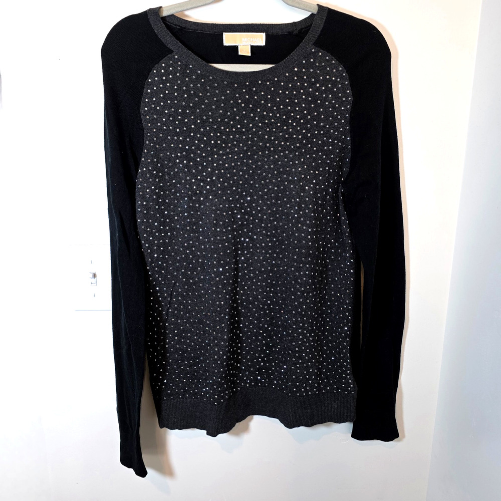 Michael Kors Womens Black Gray Rhinestone Long Sleeve Crew Neck Top Size L